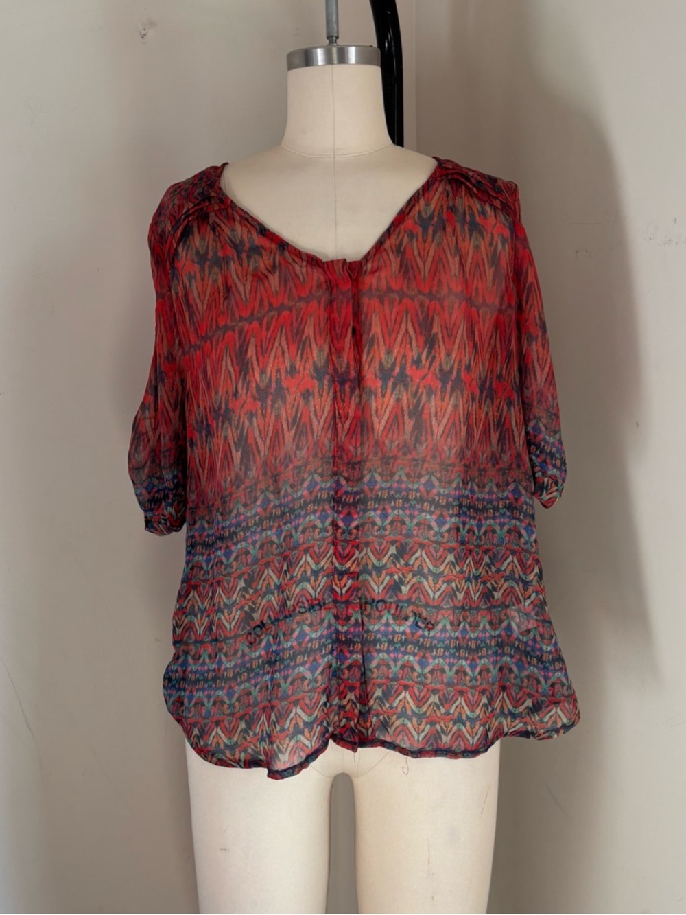 Skies Are Blue Red Multi-Pattern Sheer V-Neck Blouse